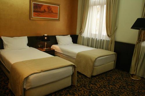 萨拉热窝赫塞哥维纳酒店的酒店客房设有两张床和窗户。