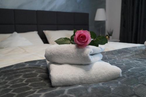 巴特布拉姆施泰特Der Gutschmecker Bad Bramstedt的床上毛巾上一朵玫瑰花