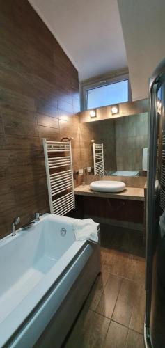 锡纳亚Villa Onix的带浴缸和盥洗盆的大浴室