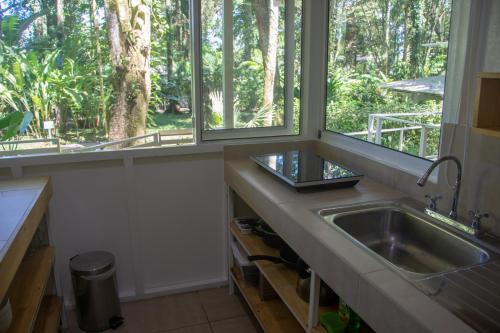 别霍港Jaguar Inn Bungalows的带水槽的厨房和2扇窗户