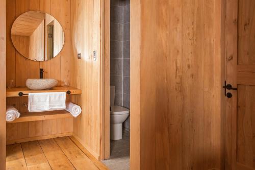 PueloLodge Tagua Tagua, Puelo Patagonia的一间带卫生间和镜子的浴室
