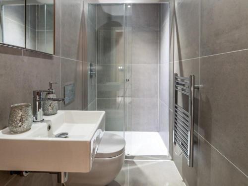 伦敦Central Tower Bridge Apartment的浴室配有卫生间、盥洗盆和淋浴。