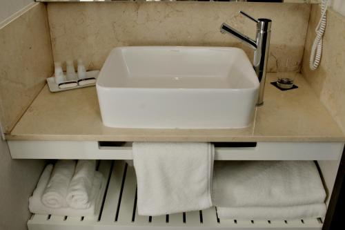 坦迪尔Mulen Hotel Tandil的浴室设有白色水槽和毛巾