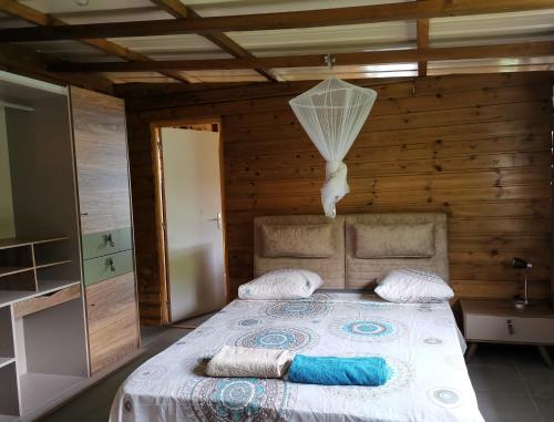 MtsangadouaLa maison du nord, T2 privé的卧室配有木墙内的一张床