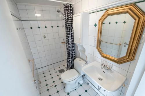赫讷福斯赫尼夫斯上豪大饭店的一间带卫生间、水槽和镜子的浴室