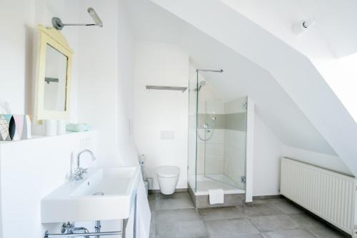 BreitenbergVilla Breitenberg的带淋浴和盥洗盆的白色浴室