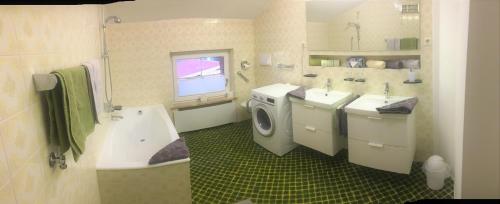 毛拉赫Appartement Straninger am Achensee的一间带洗衣机和水槽的浴室
