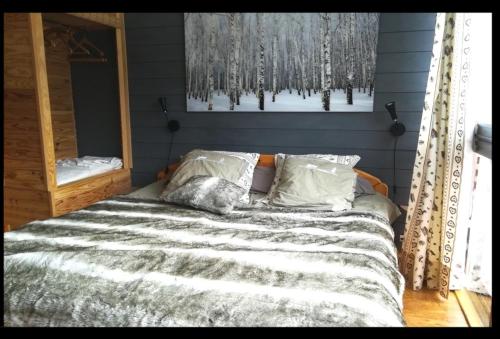 普华露Appartement chalet PRA LOUP 1600 La sapinière的卧室内的一张床铺,配有毯子和枕头