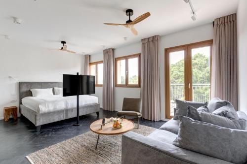 特拉维夫Andromeda Hill Amazing Suite的客厅配有沙发和1张床