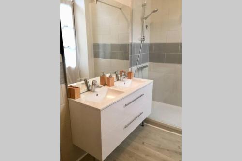 卢尔德Le Montferrat - 65m2 - 2 chambres - Rue de la Grotte - Hyper Centre的浴室配有白色水槽和淋浴。
