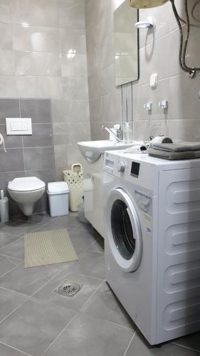 库马诺沃Apartments in city center的一间带洗衣机和水槽的浴室