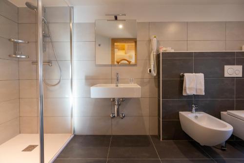 利维尼奥Hotel "La Suisse"的一间带水槽和淋浴的浴室