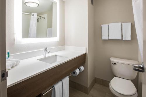 拉丁顿勒丁顿贝蒙特套房酒店的一间带水槽、卫生间和镜子的浴室