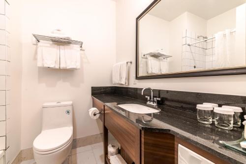 温哥华张艾嘉酒店的一间带卫生间、水槽和镜子的浴室