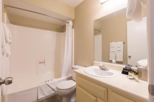 印地欧印第安棕榈度假俱乐部酒店的一间带水槽、卫生间和镜子的浴室
