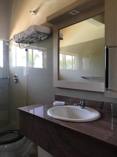 波拉马尔Brisas de San Lorenzo Posada Lounge的一间带水槽、卫生间和镜子的浴室