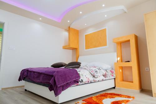 帕莱Apartman's Ana Pale-OC Jahorina的一间卧室配有一张带紫色棉被的床
