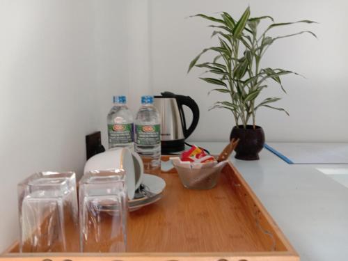 埃拉3Arch Eco Cottage Ella的一个带咖啡壶的托盘和一个台面上的植物