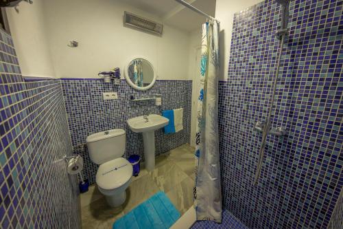 卡迪瓦Casa Camino al Castillo的蓝色瓷砖浴室设有卫生间和水槽