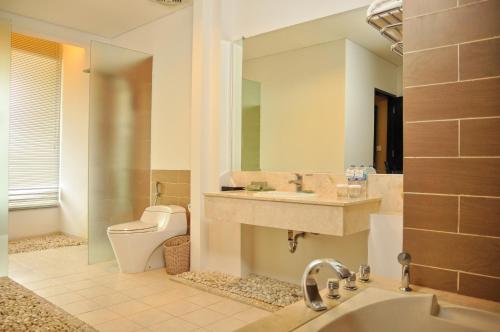 邦加槟港三提卡邦加酒店的一间带水槽、卫生间和镜子的浴室