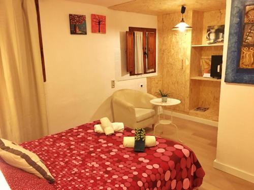阿尔内迪略La Fuente de Arnedillo的一间卧室配有一张带红色毯子和椅子的床