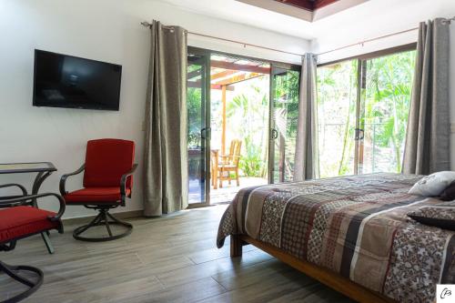 萨玛拉Hotel Casa Buenavista - Adults only的一间卧室配有一张床、一把椅子和电视