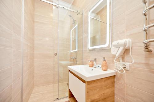 利沃夫哥萨克旅馆 的一间带水槽和淋浴的浴室