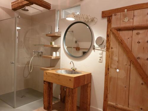 拉姆绍达赫斯坦Schweigerhof的一间带水槽、镜子和淋浴的浴室