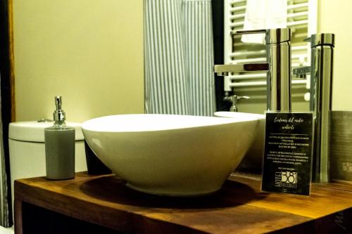 潘吉普伊Hotel 381 Panguipulli的木制柜台上带白色碗水槽的浴室