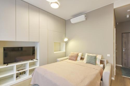 德鲁斯基宁凯Mint Studio的一间卧室配有一张床和一台平面电视