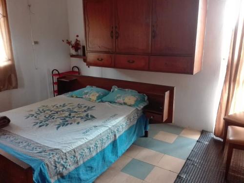 CurepipeMaison Au pied du Volcan的一间卧室配有一张带蓝色床单的床和橱柜。
