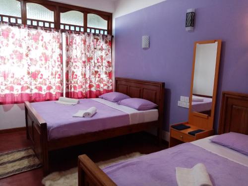 哈普特莱Il Villino haputale的配有紫色墙壁和镜子的客房内的两张床