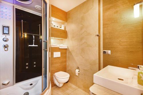 克拉科夫BlueApart with Terrace的带淋浴、卫生间和盥洗盆的浴室