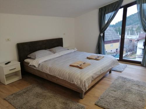 博尔沙Pensiunea Timiș的一间卧室配有一张床,上面有两条毛巾