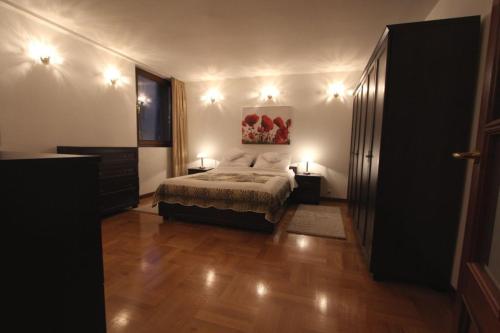 华沙Apartment Nowiniarska near the Old Town的卧室配有一张床和两盏灯,铺有木地板。