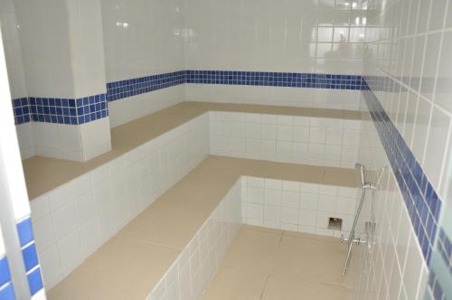 乌贝拉巴Havana Palace Hotel II的浴室设有蓝色和白色瓷砖,配有浴缸