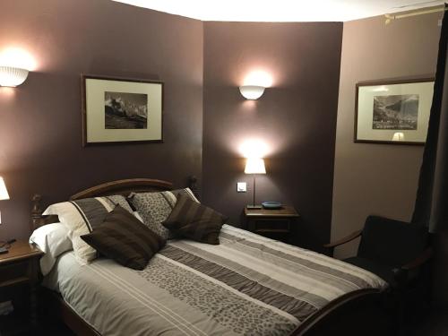 La RivièreAU PIED DU VERCORS TOUT EST PERMIS的卧室配有一张床,墙上有两盏灯