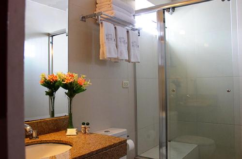 利马Hotel Ferrua的带淋浴、盥洗盆和镜子的浴室