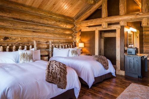 阿夫顿科迪亚克山度假村的小木屋卧室设有两张床铺和木制天花板