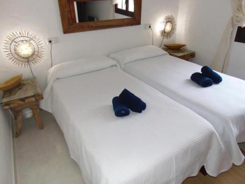 圣何塞德萨塔莱阿Casa Sol & Mar的客房内的两张床和蓝色枕头