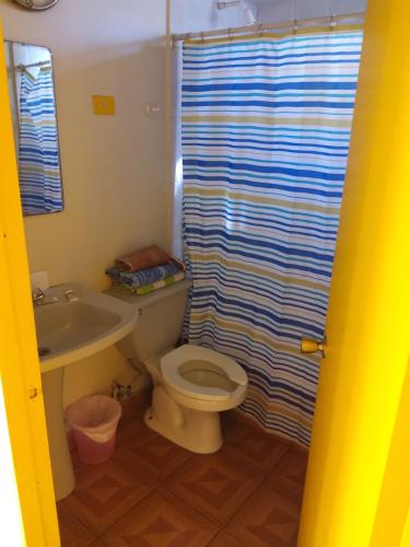 安托法加斯塔Resimed的浴室设有卫生间、水槽和淋浴帘
