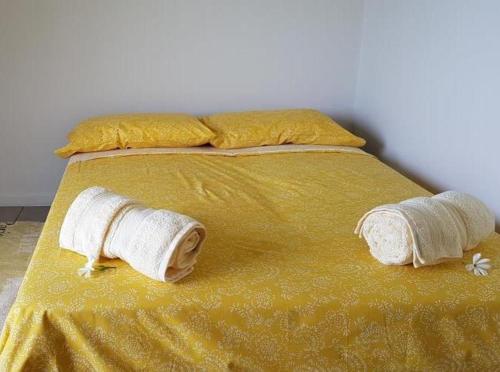 普纳奥亚Le Tiki Rouge的黄色的床,上面有两条毛巾