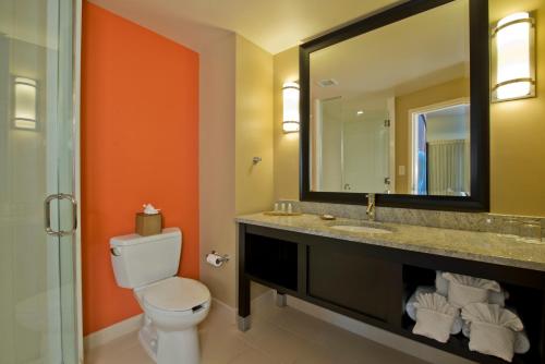 亚特兰大亚特兰大机场大学公园靛蓝酒店 的一间带卫生间、水槽和镜子的浴室