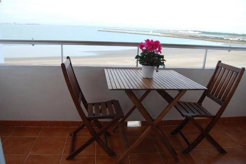 圣玛丽亚港La casa De Los Faros的一张桌子,上面有两把椅子和盆栽植物