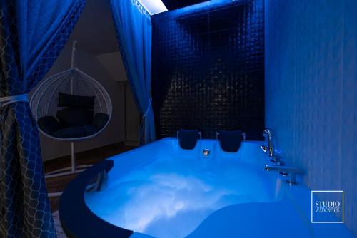 瓦多维采Exclusive Apartment Centrum的蓝色的浴室设有浴缸和椅子
