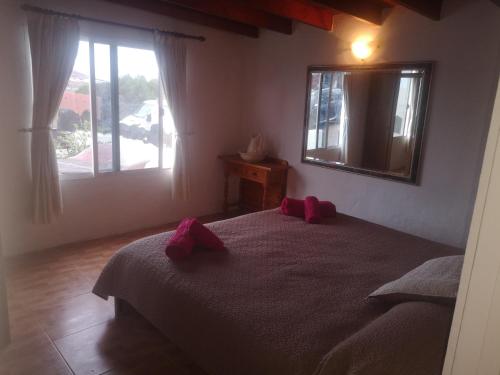 塔伊切Casita De Gato的一间卧室配有一张带两个红色枕头的床
