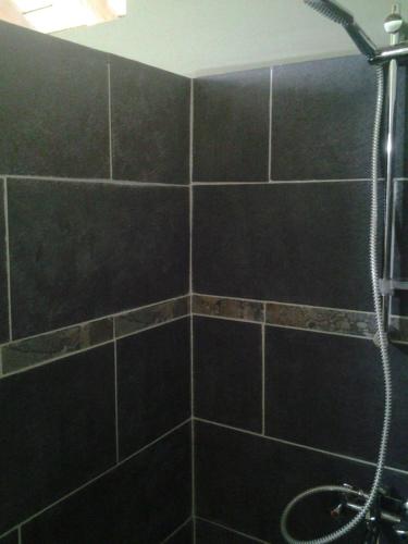 努库希瓦Fare Manutea的带淋浴的黑色瓷砖浴室