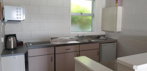 WhangaroaWhangaroa Lodge Motel的一个带水槽和窗户的小厨房