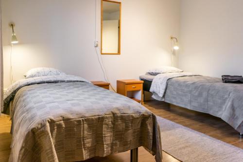 波尔沃Motelli Online Oy的带两张床和镜子的客房
