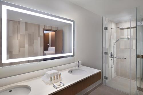 迪拜Holiday Inn & Suites - Dubai Festival City Mall, an IHG Hotel的一间带水槽、淋浴和镜子的浴室